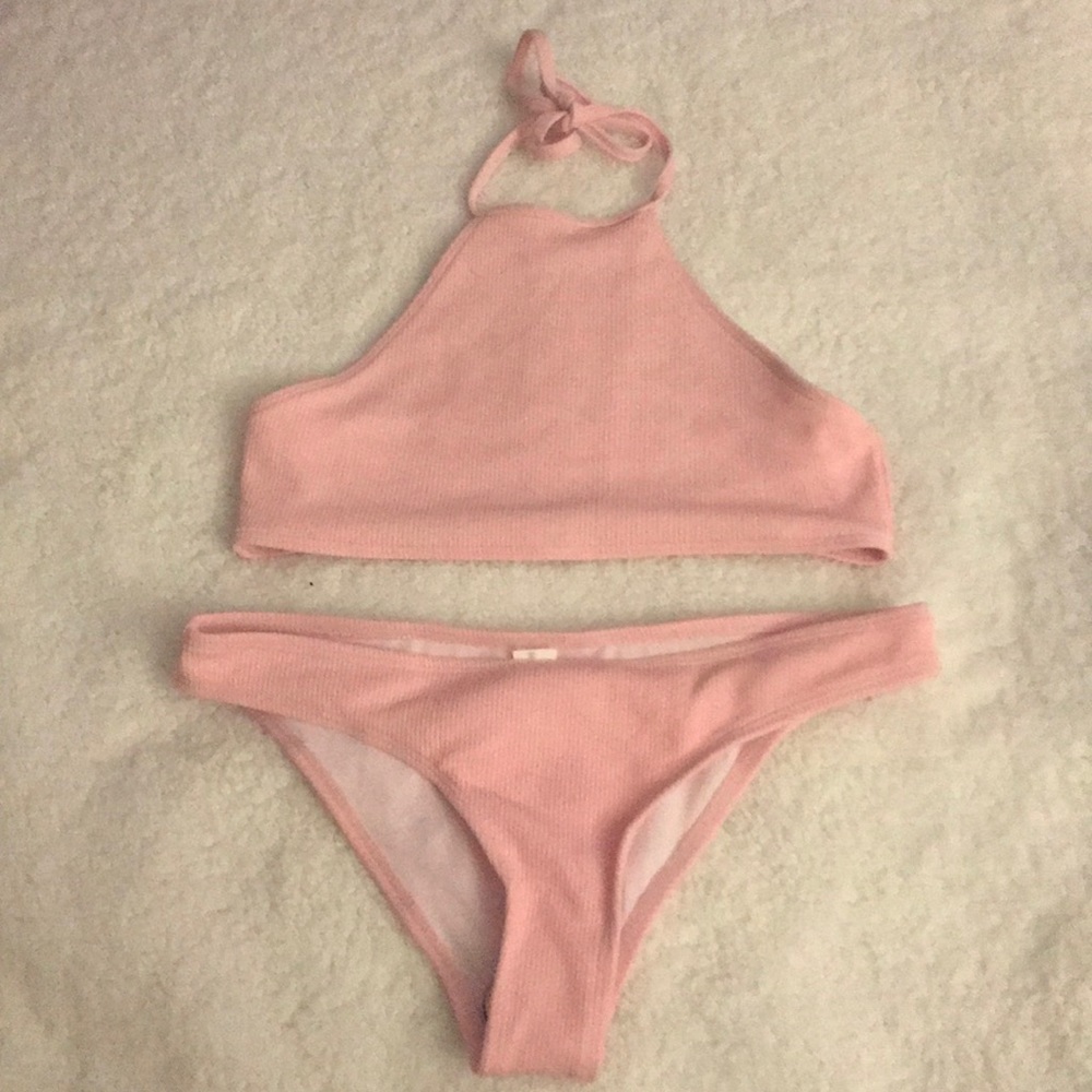 Ribbed Texture High Neck Bikini Set